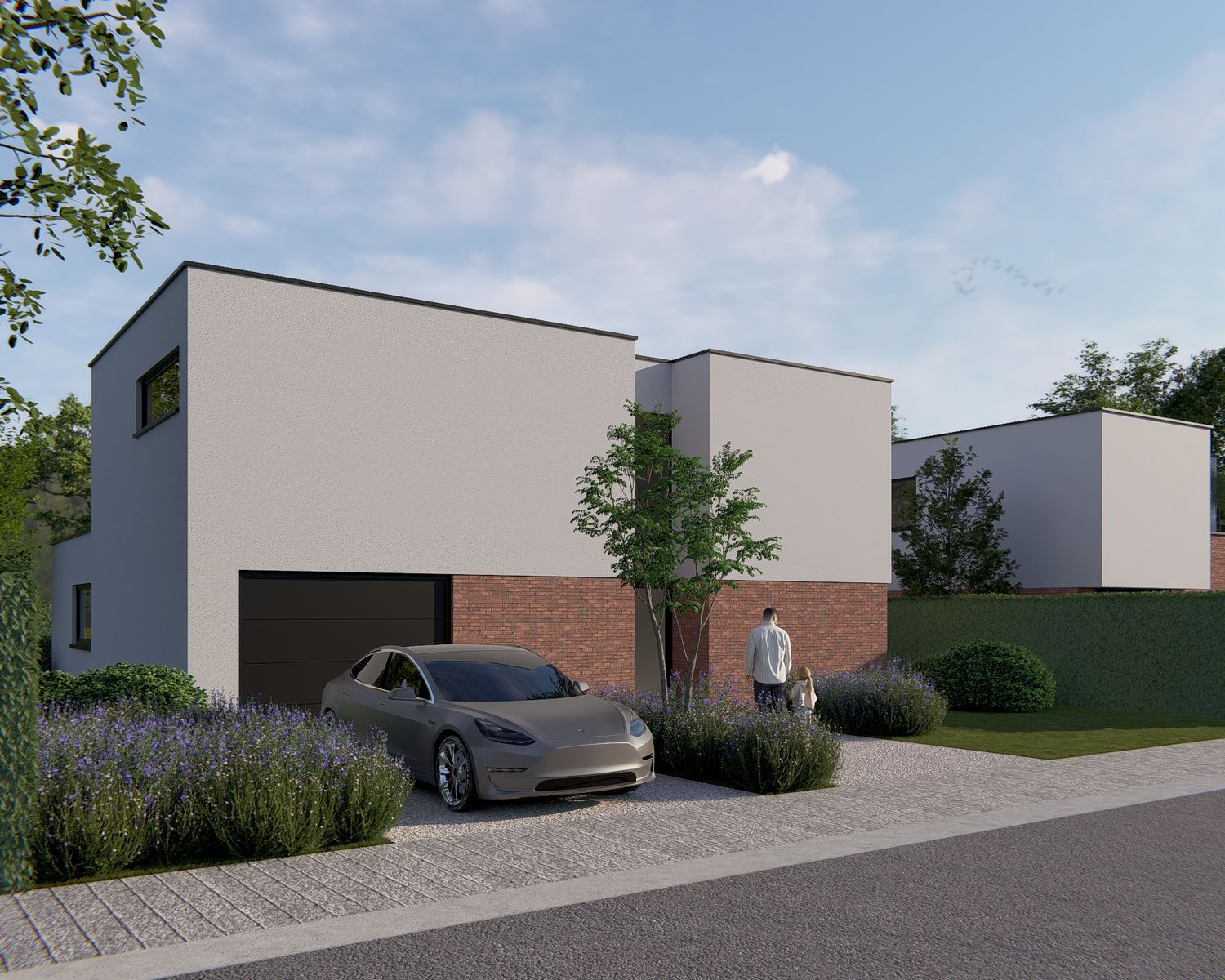 Luchtbeeld van de drie woningen met tuinen